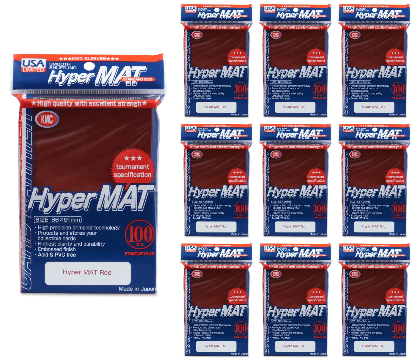 KMC Hyper Matte USA 100 ct. Standard Size Sleeves - Red [10 packs]
